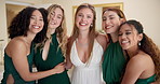 Happy woman, bride and wedding dress with friends for hug, love or support together at home. Portrait, female person or young group with smile for bridesmaids, moment or celebration on special day