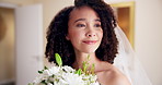 Happy woman, bride and thinking with bouquet of flowers for marriage, commitment or big day in wedding dress. Face, young or female person with smile or floral plant for beauty or elegance at house