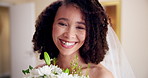 Happy woman, bride and joy with bouquet of flowers for marriage, commitment or big day in wedding dress. Portrait, young or female person with smile or floral plant for beauty or elegance at house