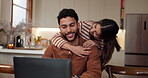 Laptop, relax and couple hug in home for bonding, love and relationship together in kitchen. Dating, embrace and woman with man on computer for internet banking, website research and online shopping