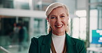 Mature business woman, face and corporate worker with office, confidence and project development. Portrait, proud and entrepreneur for company, management and employee with mission, smile or ambition