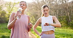 Drinking water, fitness or park with mother and daughter outdoor in summer for cardio or marathon training. Exercise, time or watch with mature parent and runner woman in forest for workout routine