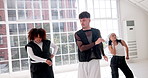 Art, hip hop and music with dancer people in studio for choreography, rehearsal or training together. Creative, dancing and energy with group of friends in class for learning, lesson or practice