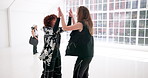 Dance, high five and music with people in studio for celebration of choreography or rehearsal together. Art, hip hop and energy with woman friends in class for learning, lesson or practice routine