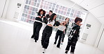 Art, hip hop and music with people in dance studio for choreography, rehearsal or training together. Creative, energy and movement with dancer group in class for learning, lesson or practice routine