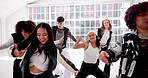 Dance, hip hop and music with happy people in studio for choreography, rehearsal or training together. Art, creative and smile with group of friends in class for learning, lesson or practice routine