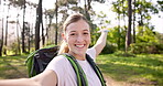 Nature, woman and face with selfie for hiking, memory or profile picture with tongue out for social media. Outdoor, female person or influencer in portrait with trail photography, fitness or wellness