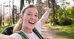 Wave, woman and face with selfie for hiking, memory and profile picture with tongue out for social media. Outdoor, female person and influencer in portrait with trail photography, fitness and hello