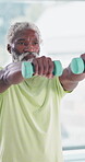 Gym, senior man and fitness with dumbbell for wellness, coordination and balance with endurance. Class, group and male person with weightlifting for muscle strength, aerobics and physical training