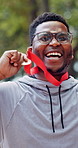 Medal, excited and face of black man at race in nature with pride for fitness goal or achievement. Happy, win and portrait of African male athlete with gold award for marathon with cardio exercise.