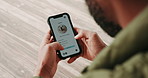 Smartphone screen, hands and app for pet insurance, ordering or web browsing for choice in home. Internet, cellphone and man sign in for notification, profile and information for feedback in house