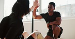 Exercise, high five or prosthetic with personal trainer and woman in studio for workout. Fitness, sit up or training with coach and amputee client in gym class for development, improvement or success