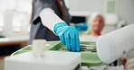 Tools, closeup and hands with people at dentist for wellness, oral hygiene and medical checkup. Consulting, dental and healthcare advice with patient at clinic for orthodontist, treatment and exam
