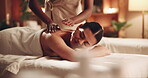 Hands, girl and happy with back massage at spa for muscle tension, luxury treatment and body pamper. Wellness, masseuse and apply shoulder pressure on client for pain relief, relax or healing therapy