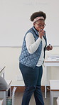 Education, presentation and study methods with student black woman in classroom of college for speech. Lecture, marker and talking with learner at school or university for learning scholarship