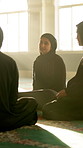 People, floor and mosque for talking on islam, seeking knowledge and conversation on faith. Women, community and together for development or education in religion, muslim culture and learning worship
