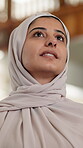 Woman, hijab and religion for prayer, spirituality or practice in mosque with respect or tradition. Female person, muslim and gratitude in Islam for Eid Mubarak, faith and worship at Ramadan for hope