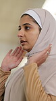 Woman, muslim and religion for prayer, spirituality or practice in mosque with respect or tradition. Female person, hijab and gratitude in Islam for Eid Mubarak, faith and worship at Ramadan for hope