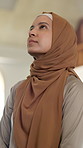 Islam, thinking and woman in hijab for prayer, spiritual worship and morning dua in mosque. Reflection, respect and Muslim girl with gratitude, praise or calm meditation in faith, culture or religion