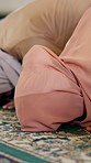 Islam, mosque and women on carpet for prayer, spiritual worship and morning dua for Allah. Reflection, respect and Muslim girl with gratitude, praise and calm meditation in faith, culture or religion