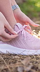 Hands, tie shoelace and woman with fitness, outdoor and sneakers with sports, workout and nature. Closeup, person and runner with routine, athlete and balance with exercise, start and marathon