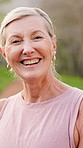 Happy, fitness and face of senior woman in nature for running, workout and training for marathon. Smile, sports and portrait of elderly female person from London outdoor in park with cardio exercise.