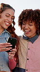 Phone, post and women in city together with smile, streetwear and checking social media meme. Smartphone, urban fashion and happy gen z girl friends on mobile app for connectivity, networking and fun