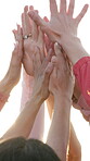 Group, hands and high five for collaboration, team building and motivation with happy, women and flare. People, huddle and outdoor for support, solidarity and success with cooperation, unity or trust