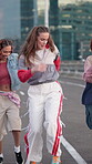 Hip hop, dance and group of people in city for creative performance, rhythm and outdoor routine. Friends, freedom and happy with choreography in urban street for talent, groove and flash mob together