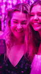 Women, friends and happy at night club on selfie for social media, post and profile picture. People, smile and confident with music at event or disco for fun, entertainment or new year celebration