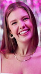 Comedy, face and smile with woman in nightclub for celebration, disco or party on weekend evening. Event, music and portrait of happy person laughing at birthday, prom or rave venue for clubbing