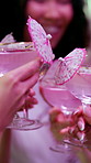 Happy, woman and toast cocktail of bridal shower celebration, friends support and marriage commitment. Smile, girl and cheers for alcohol drink of bride event, future wedding and social party at club