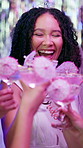 Happy, woman and toast alcohol for bridal shower celebration, friends support and marriage commitment. Smile, girl and cheers with cocktails for bride event, future wedding and social party at club