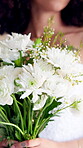 Hands, bride and wedding dress with bouquet for ceremony, marriage and commitment in closeup. Female person, celebration and flowers for love, happiness and gratitude as excited for reception in zoom