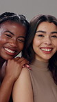 Beauty, face and smile with model friends in studio together for natural cosmetics or dermatology. Love, portrait and skincare with happy women hugging for aesthetic glow, bonding or solidarity