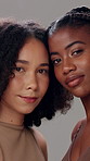 Beauty, face and wellness with woman friends in studio together for natural cosmetics or dermatology. Love, portrait and skincare with model people hugging for aesthetic, bonding or solidarity