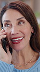 Woman, home and smile on phone call in living room for consultation, communication and connection. Female person, happy and conversation for advice or help with networking for health insurance option