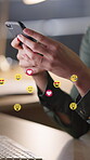 Hands, woman and smartphone at office with emoji on social media, dating app or website for fun. Closeup, female person and texting on internet for networking, communication or connection on overlay