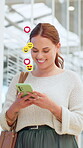 Office, woman and smartphone with heart emoji on social media, dating app or website for love. Happy, female person and texting on internet for networking, communication and connection with overlay