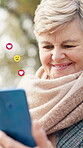 Outdoor, mature woman and smartphone with emoji on social media, online dating or website for love. Closeup, female person and text on internet for networking, communication or connection on overlay