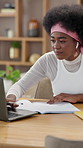 Student, laptop and music with black woman in home office for research assignment, college thesis and online portal. Education, dancing and elearning with girl for university, school and energy