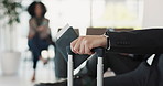 Suitcase, airport and hands of businessman with passport for commute, travel and work trip waiting in lobby. Professional, corporate and worker with ID permit, ticket and luggage for transportation