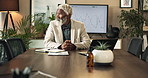 Senior, businessman or thinking with chart for analytics, corporate statistics or vision at office. Mature, male person or executive with graph in wonder for company improvement, revenue or growth