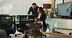 Collaboration, feedback and laptop with business people in corporate workplace for assistance. Computer, desk or teamwork with employee man and woman in office for conversation or professional review