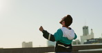 Outdoor, happy man and celebrate with fist pump for fitness, achievement or goal success for workout. Bridge, male runner or excited with hand gesture for exercise victory, speed target or check time