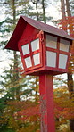Forest, red lamp and Japan with culture, religion and spirit house lantern for shrine for protection. Park, history and worship sculpture for religion, Buddhism and shrine outdoor in Tokyo park
