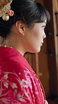 Thinking, kimono and traditional with Japanese woman in chashitsu room for ceremony, culture and zen. Calm, festival and heritage with asian person in yukata for fashion, temae and indigenous style