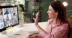 Webinar, computer screen and business woman greeting in creative startup. Video call, online conference and wave at happy team, writing notes and editor in virtual discussion or planning in meeting