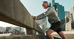 Bridge, man and legs with stretching for fitness, muscle flexibility and endurance with breathing. Outdoor, mature person and runner with warm up for body, exercise training or prepare to run in city
