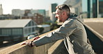 Exhausted, fitness and mature man on bridge with break for running with race, challenge and marathon training. Breathing, tired and male athlete with cardio exercise or workout in city with fatigue.